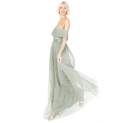 Image of Womens Ladies Maxi Dress Bardot Off Shoulder with Belt Long Empire Waist for Wedding Guest Prom Evening Gown Bridesmaid Frosty Green Size 10