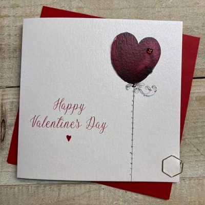 Image of WHITE COTTON CARDS Happy Valentine&#039;s Day Card, Red Balloon heart Hand finished V24 5