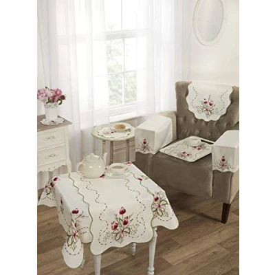 Image of Emma Barclay Tulip Embroidered Table Cloth in Cream 36x36 (91x91cm)