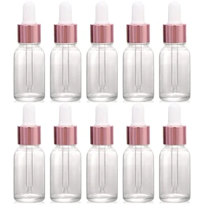 Image of JamHooDirect 10Pcs, 10ml Glass Dropper Bottles with Pipettes, Mini Empty for Essential Massage oils/Chemical Liquid (clear/rose gold cap)