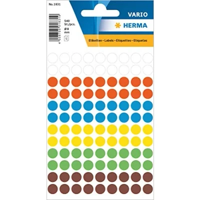 Image of HERMA Dot Stickers Assorted, 540 Labels, Ø 8 mm, 108 Labels per Sheet, Self Adhesive Round Colour Stickers, Blank Marking Dots, Sticky Circle for Color Coding Calendar
