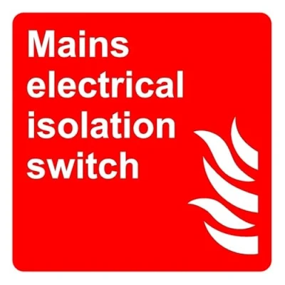 Image of Mains electrical isolation switch fire safety sign Self adhesive sticker (200mm x 200mm)