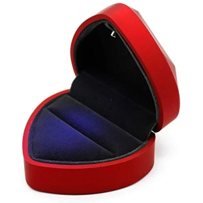 Image of Ring Box, Heart Shape Velvet Wedding Jewelry Box with LED Light for Proposal Engagement, Red