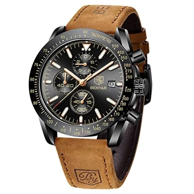 Image of BY BENYAR Mens Watches Analog Quartz Chronograph Waterproof Brown Leather Men&#039;s Wrist Business Work Casual Sport Classic Big Face Dress Watch Unique Elegant Gifts for Men