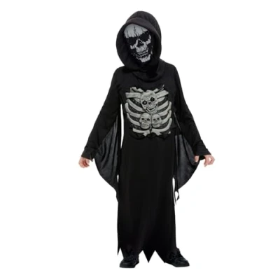 Image of Smiffys Skeleton Reaper Costume, Black with Robe &amp; Hooded Mask, Halloween Child Fancy Dress, Dress Up Costumes
