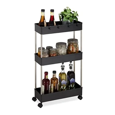 Image of Relaxdays Trolley on Wheels, Plastic, 70 x 15.5 40.5 cm, Narrow Storage Shelf, 4 Hooks, 3 Levels, Multipurpose, Black