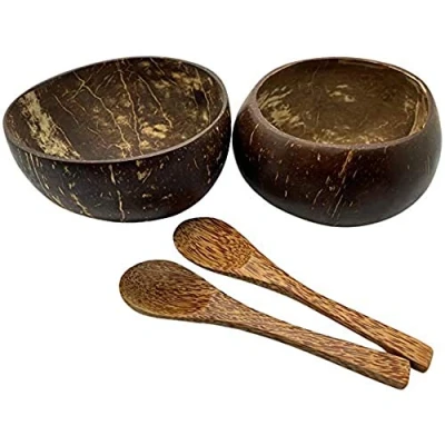 Image of VIE Gourmet Coconut Bowls and Spoons, Set of 2, Black, (Coco SPN 2)