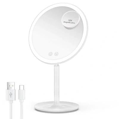 Image of Auxmir Makeup Vanity Mirror with 46 LED Lights, Rechargeable lighted Detachable 10X Magnificcation, 3 Light Colors Adjustable Dimmable Touch Sensor Tabletop Cosmetic Tray