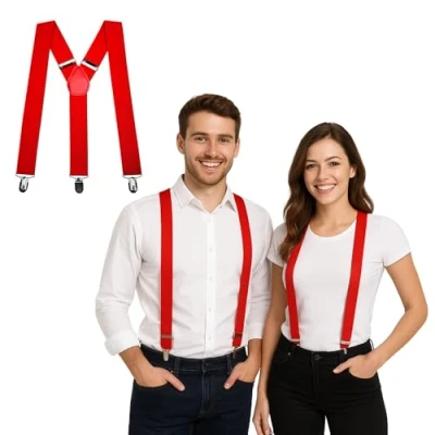 Image of FNA Fashions Mens Ladies Unisex Adjustable Slim Braces Trouser Suspenders Clip On Fancy Dress (Red)