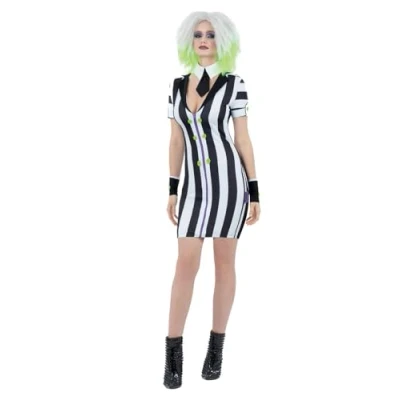 Image of Smiffys Beetlejuice Women&#039;s Adult Costume with Black and White Stripe Dress Collar tie, Officially Licensed Warner Brothers Halloween X Large