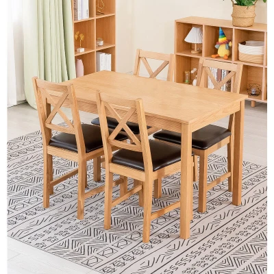Image of Hallowood Furniture Waverly Oak Small Dining Table and Chairs Set 4, Wooden (120x70cm) &amp; Cross Back with Brown Seat, for Home Cafe