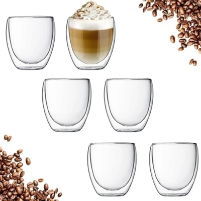 Image of Latte Macchiato Glasses Double Walled Cappuccino Cups Borosilicate Tea Dishwasher Safe Coffee Set (6 250 ml)