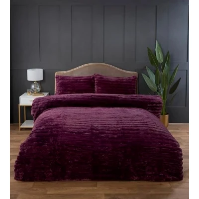 Image of Rapport home Chunky Ribbed Premium Luxury Faux Rabbit Fur Duvet Cover Set Single Burgundy Soft and Warm Fluffy Bedding