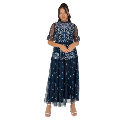 Image of Maya Deluxe Women&#039;s Ladies Midaxi Dress High Neckline 3/4 Sleeve Embroidered Tulle Empire A line for Evening Occasion Prom Ball Gown, Navy Blue, 42