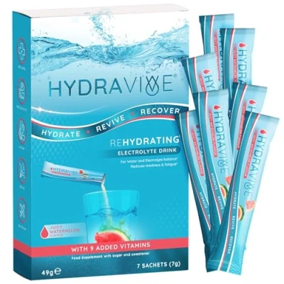 Image of Hydravive® Rehydration Electrolytes Powder High Strength Vitamin C and All 8 B Vitamins: B1, B3, B5, B12 Supplement Sachet Drink Effervescent Electrolyte Hydration Tablets 7 Pack Watermelon