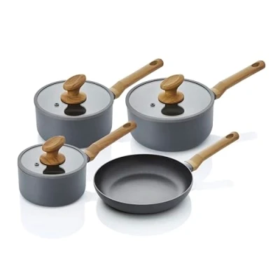 Image of Swan SWPS35010GRYN Nordic 4 Piece Pan Set with Wood Effect Handles, Aluminium, Grey