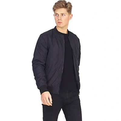 Image of BRAVE SOUL Mens Bomber Jacket Smart Casual Full Zip Up Long Sleeve 100% Polyester Outdoor for Men, Black Colour, Size S