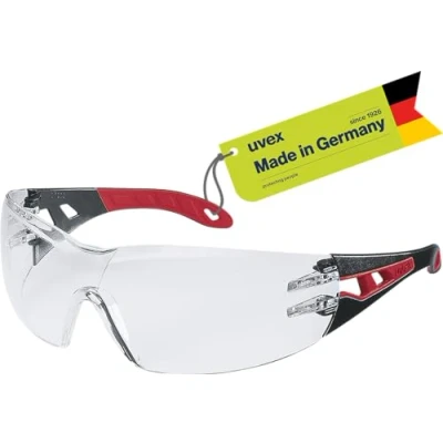 Image of Uvex Pheos Safety Glasses Temple Supravision Excellence Technology Metal Free, Anti Fog &amp; Scratch Resistant One Size Black/Red, Transparent
