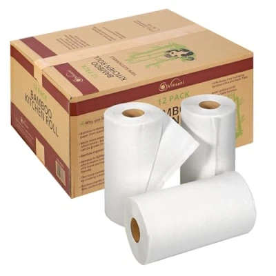 Image of Vinsani Bamboo Kitchen Towels 12 Rolls of Super Absorbent, Eco Friendly &amp; 100% Natural Tissues in Environment Packaging, 1200 Sheets Total