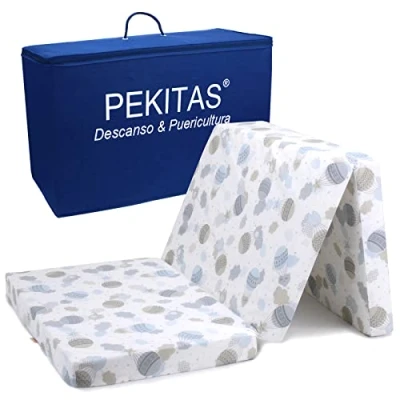 Image of PEKITAS Folding Travel Cot Mattress 60 x 120 cm Height 6 Includes Baby Transport Bag Removable Washable Breathable Green Balloon Print