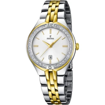 Image of Festina Women&#039;s Quartz Watch with White Dial Analogue Display and Silver Stainless Steel Gold Plated Bracelet F16868/1