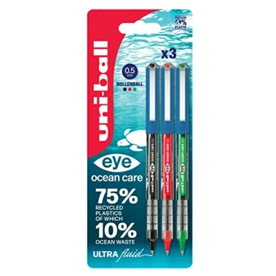 Image of Uni ball Eye Ocean Care UB 150ROP Rollerball Pens. Micro 0.5mm Ballpoint Tip for Smooth Writing, Drawing, Art &amp; Colouring. Fade and Water Resistant Liquid Super Ink. 3 Pack Black, Red, Green
