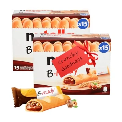 Image of Nutella B ready Chocolate Fingers Bulk Pack of 2 x 15 Wafer Filled with Hazelnut Spread Buy Topline Card. Kids Sweets for Lunchbox Snacks, Party Bag Fillers or Choco Lovers