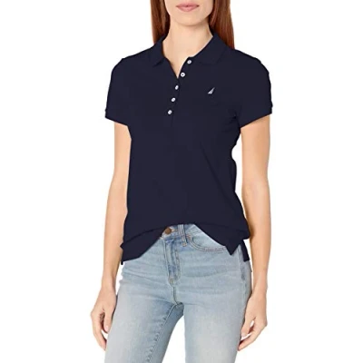 Image of Nautica Women&#039;s 5 Button Short Sleeve Breathable 100% Cotton Polo Shirt, Navy, S