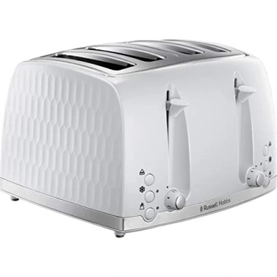 Image of Russell Hobbs Honeycomb 4 Slice Toaster (Independent &amp; Extra wide slots with high lift, 6 Browning levels, Frozen/Cancel/Reheat function, Removable crumb tray, 1500W, White textured gloss) 26070
