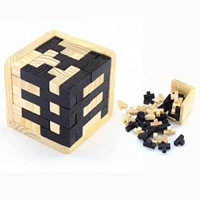 Image of XLKJ Wooden Tetris Blocks Puzzle, 54 Pieces 3D T shaped Brain Teaser, Educational Toy for Kids and Adults