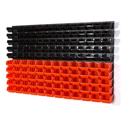 Image of 75 black XS size and 60 orange S storage bins with wall mounted panel