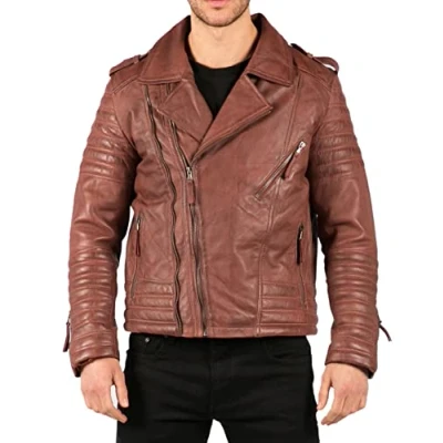 Image of TruClothing Men&#039;s Biker Jacket Outwear Windproof Winter Cross Zip Urban Real Leather Jackets Coat Timber XXL