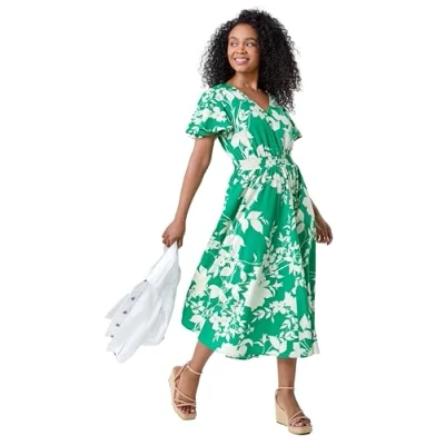 Image of Roman Petite Womens Leaf Print Shirred Midi Dress Green Size 14 UK