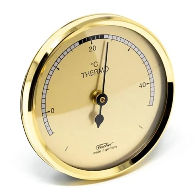 Image of Fischer 151MS Room Thermometer 68 mm Bimetal Plastic Housing Brass Coloured Bezel in Made Germany