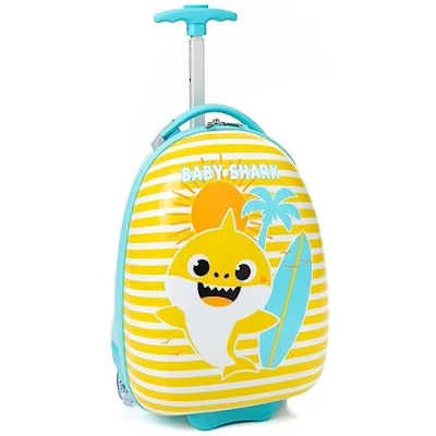 Image of Baby Shark Kids Suitcase Yellow and Blue Small Cabin Bag for Boys &amp; Girls Carry On Trolley with Extendable Handle Singing Hard Cover Holiday Case Fun Travel Merchandise Gift Children