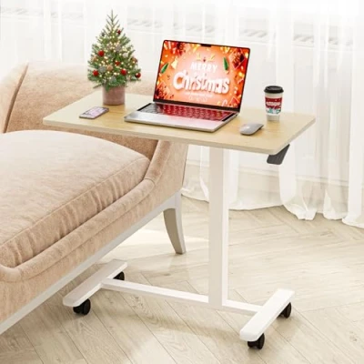 Image of Dripex Height Adjustable Side Table, 80 x 40 cm Pneumatic Sit Stand Desk with Wheels, C Shaped Mobile Laptop Small Sofa Coffee Overbed Bedside Table for Bedroom (Wood Grain)