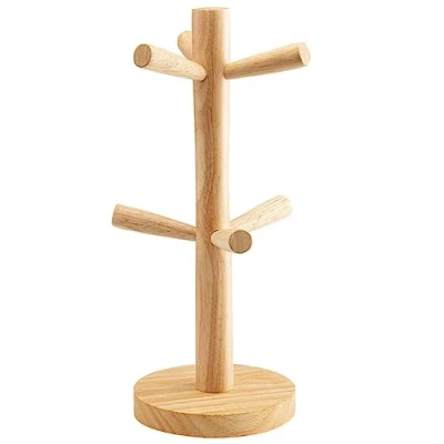 Image of QUUPYSTORE Coffee Mug Tree with 6 Hooks Wood Stand Cup Holder Countertop Kitchen Organizer Storage