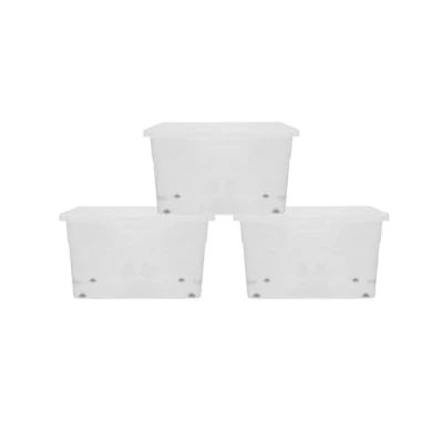 Image of simpa 60 Litre 60L Stackable Plastic Wheeled Storage Box with Clear Lids 35cm (H) x 60cm (L) 40cm (W) Set of 3 Boxes