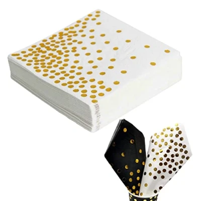 Image of 50PCS White and Gold Polka Dot Party Napkins, CEILIWEN 33x33CM with Cocktail Napkins Dinner Serviettes
