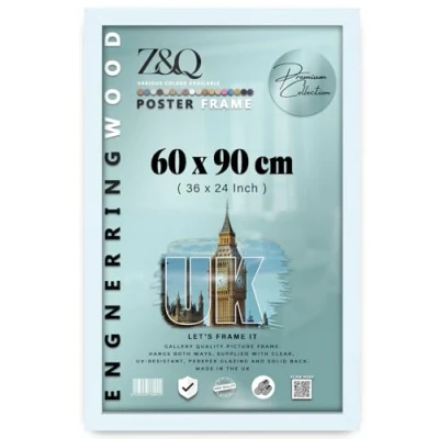 Image of Z&amp;Q Wall Mounted Poster Picture Frame White 90 x 60 cm Display Painting Photo Print With HD Clear Perspex Both Ways Hanging Hooks MDF Wood 30x15mm Moulding