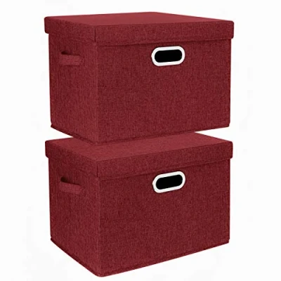 Image of TYEERS Large Storage Box with Lid, Collapsible, Washable, Fabric for Clothes, Wardrobe Storage, 44x30x29 cm, Set of 2, Red Wine