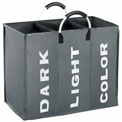 Image of BOSNONA 3 Section Laundry Basket Collapsible Hamper With Carry Handles Storage Washing Bin (3 Dark Grey)