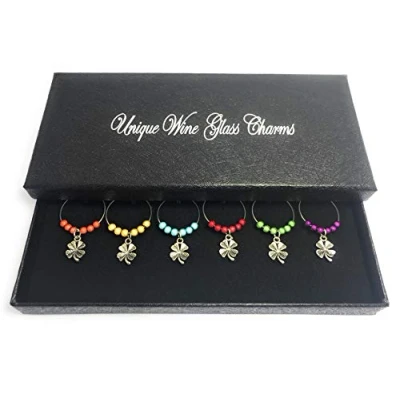 Image of Lucky Four Leaf Clover Good Luck Wine Glass Charms with Gift Box