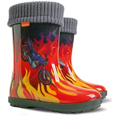 Image of Demar Toddlers Kids Boys Girls 2 10yrs Wellies Rain Boots Children Wellington Warm Lined (5/6 UK child, Fire, numeric_5)