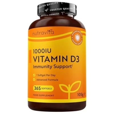 Image of Vitamin D 1000 IU (25μg) 365 VIT Softgel Capsules Full Year Supply for Maintenance of Healthy Immune System, Muscles, Bones &amp; Teeth D3 Cholecalciferol Made in The UK by Nutravita
