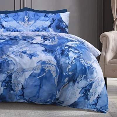 Image of Sleepdown Metallic Marble Sparkle Glitz Blue Silver Reversible Soft Easy Care Duvet Cover Quilt Bedding Set with Pillowcases Double (200cm x 200cm)