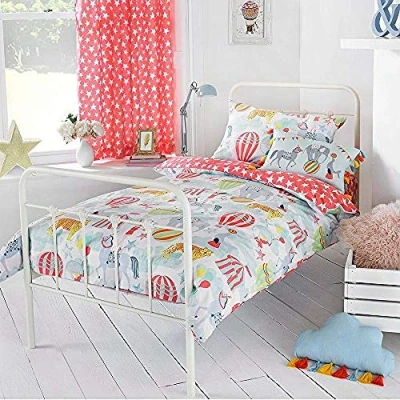 Image of Riva Paoletti Kids Vintage Circus Toddler DUVet Cover Set Multicolour White Reversible Design 1 X Pillowcase Included Polycotton Machine Washable 120 150Cm (47&quot; 59&quot; Inches)