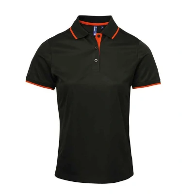 Image of Premier Womens/Ladies Coolchecker Contrast Pique Polo Shirt (Black/Orange) Size Small