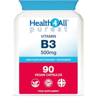 Image of Health4All Vitamin B3 Niacin as Nicotinamide (Niacinamide) 500mg 90 Capsules (V) Purest, No Additives, Vegan, Gluten Free Flush