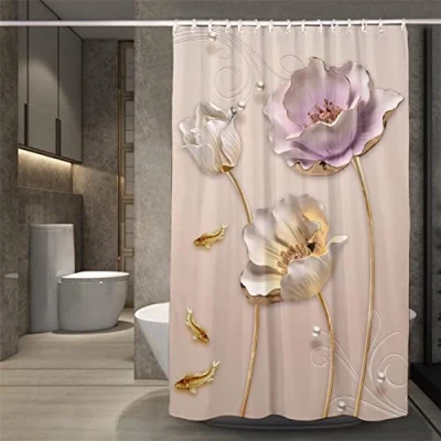 Image of Roogsoo Lotus Flower Shower Curtain Waterproof Bathroom Curtains W180cm x L180cm, Long with Hooks, Polyester Washable Bath Curtains, Quick Drying Garden Outdoor